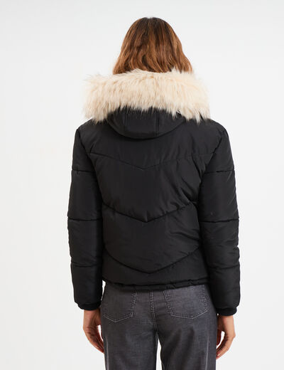 Doudoune doubl&eacute;e capuche fausse fourrure noir femme