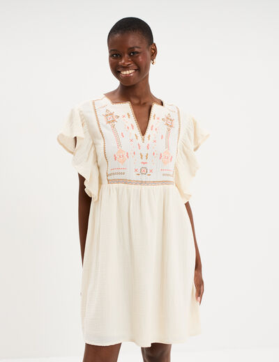 Robe brod&eacute;e manches volants coton creme femme
