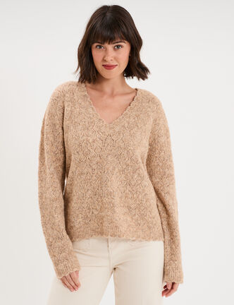 Pull col V ajour&eacute; manches longues beige femme