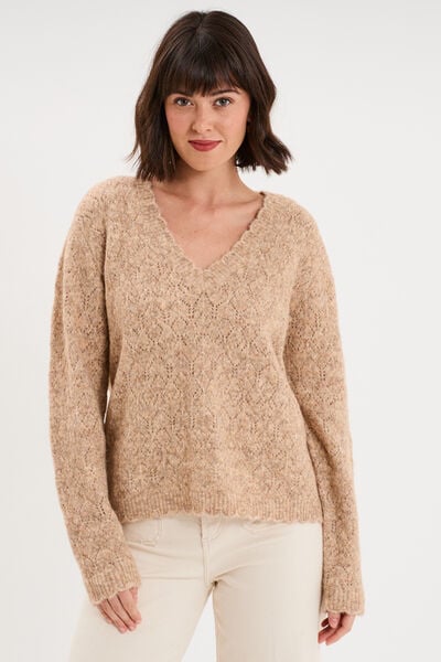 Pull col V ajour&eacute; manches longues beige femme