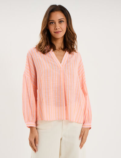 Blouse manches longues ample coton rose femme