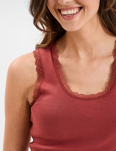Débardeur coton bords dentelle rouge foncé femme
