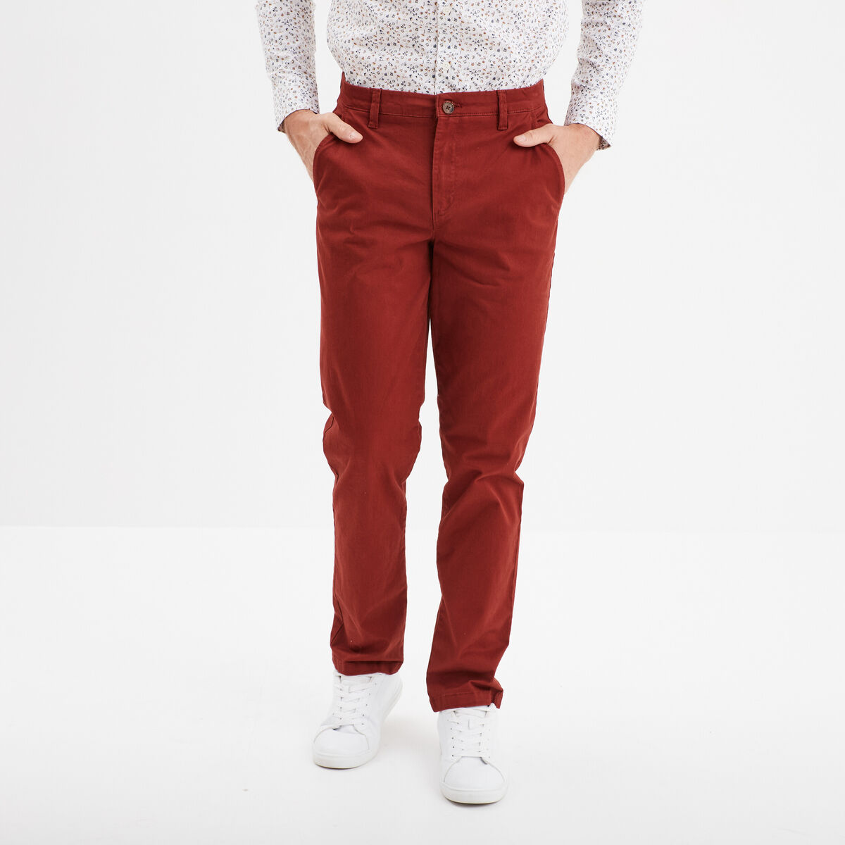 Pantalon chino droit stretch retroussé rouge foncé homme