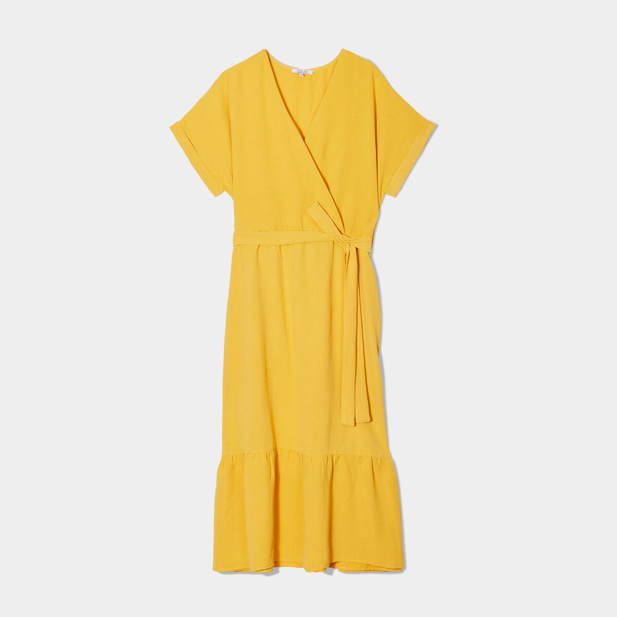 Robe cache-coeur évasée ceinturée jaune moutarde femme grande taille