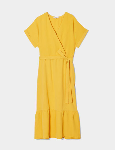 Robe cache-coeur évasée ceinturée jaune moutarde femme grande taille