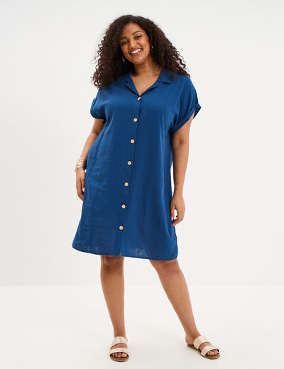 Robe chemise courte lin m&eacute;lang&eacute; bleu marine femme grande taille