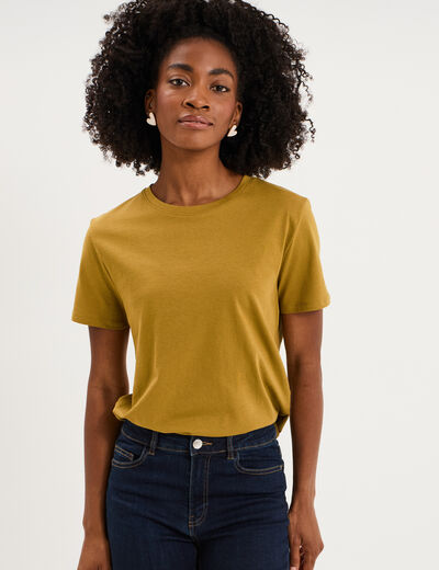 T-shirt col rond manches courtes coton vert olive femme