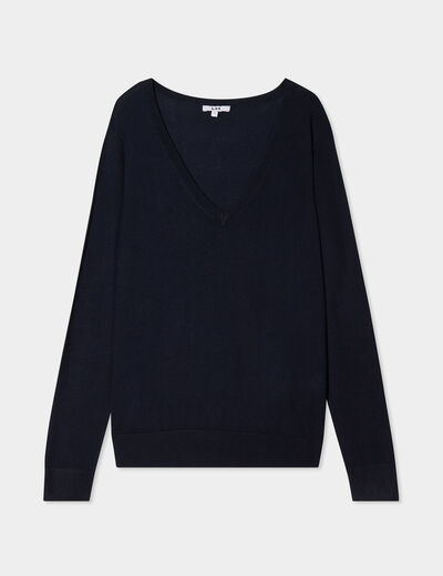 Pull col en V manches longues bleu marine femme