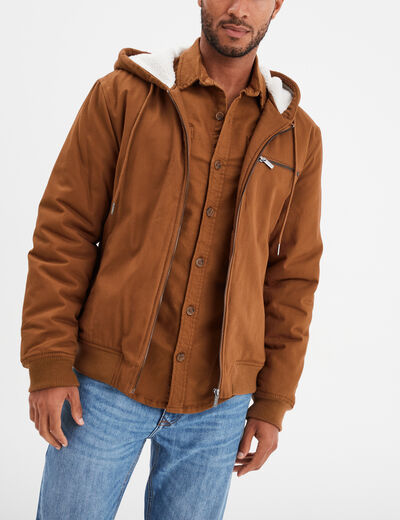 Blouson doublé à capuche coton marron homme