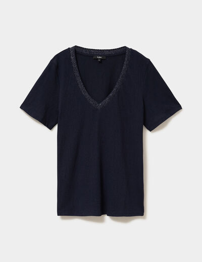 T-shirt col en V manches courtes bleu fonc&eacute; femme