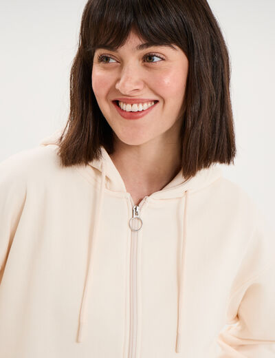 Sweat zipp&eacute; &agrave; capuche beige femme