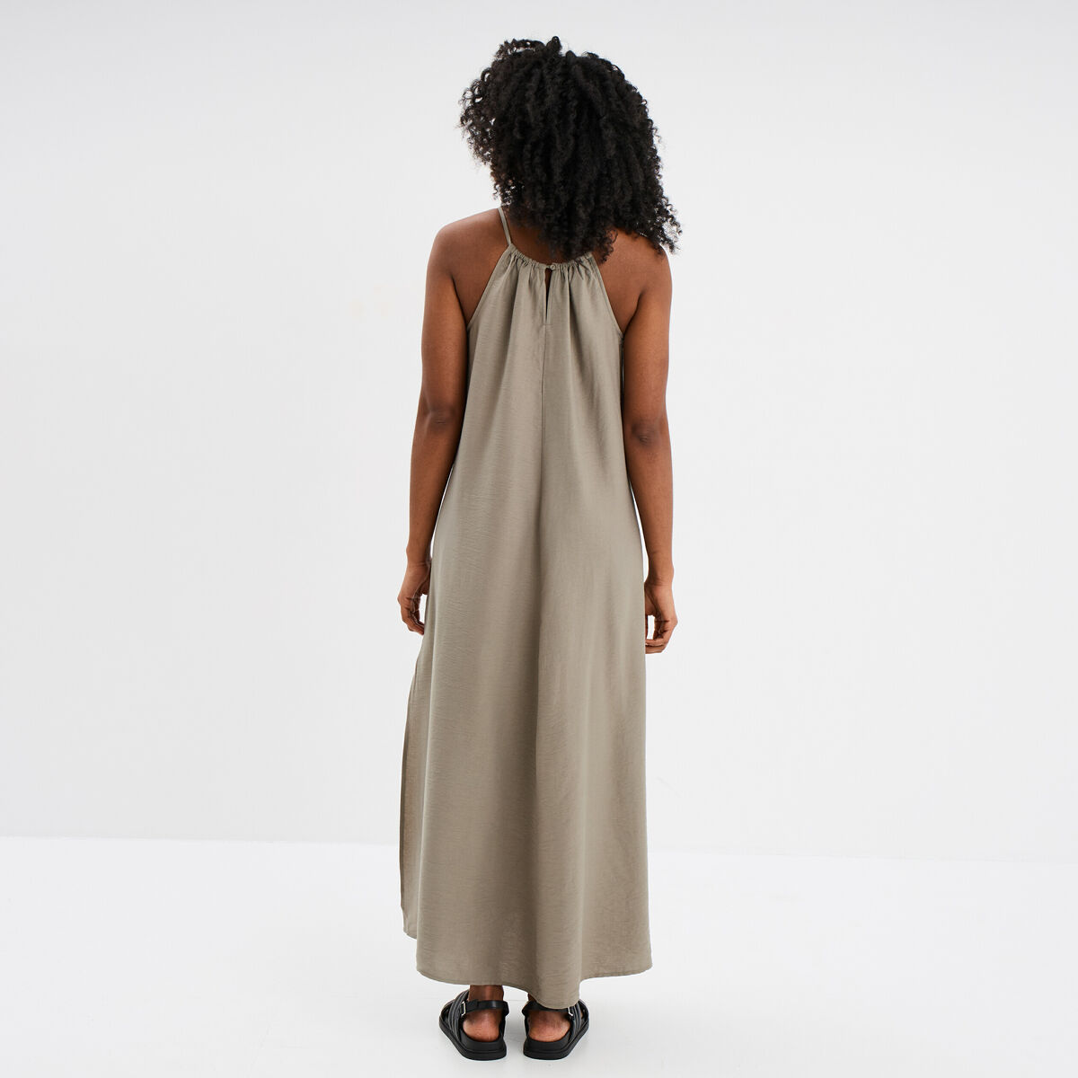 Robe longue col bijou amovible vert kaki femme