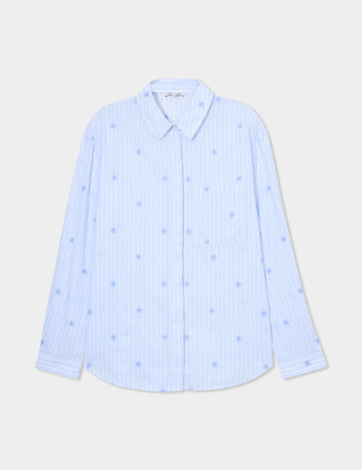 Chemise droite brod&eacute;e coton bleu clair femme