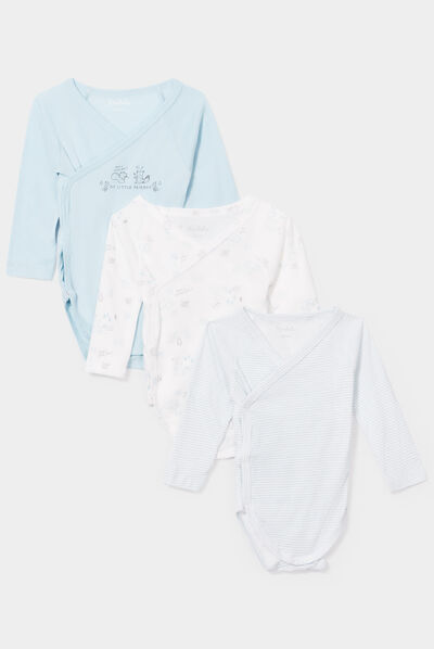 Lot 3 bodies coton manches longues bleu bébé garçon