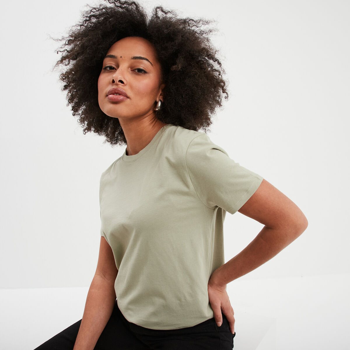 T-shirt col rond manches courtes coton vert kaki femme