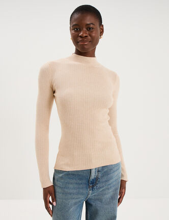 Pull ajust&eacute; c&ocirc;tel&eacute; col montant beige femme