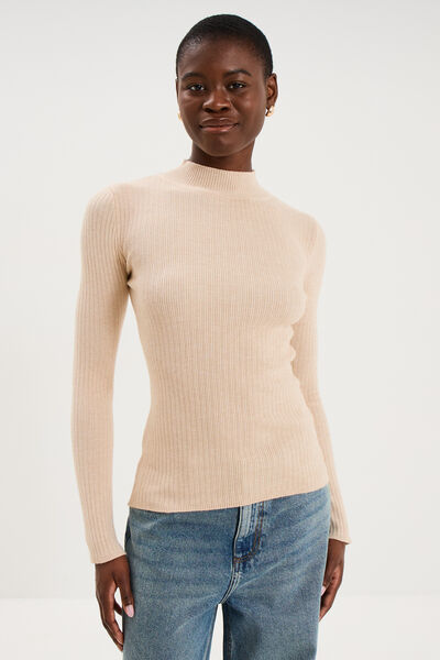 Pull ajust&eacute; c&ocirc;tel&eacute; col montant beige femme