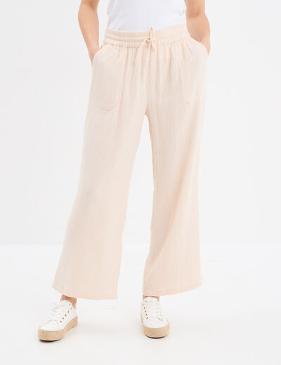 Pantalon fluide taille élastiquée coton beige femme