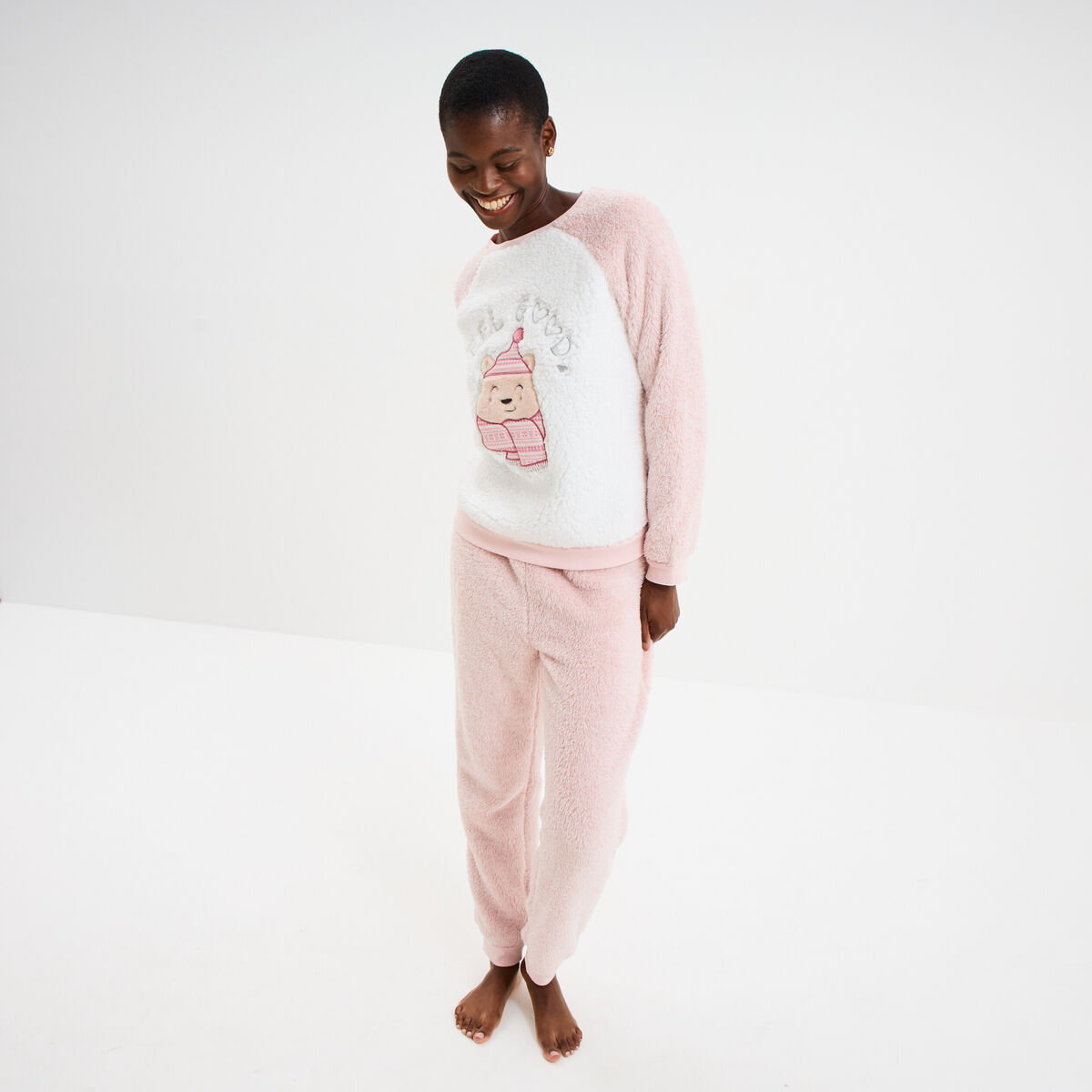 Ensemble pyjama effet polaire 2 pi&egrave;ces rose femme
