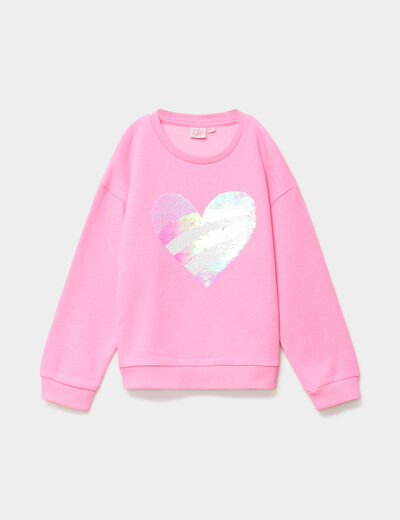 Sweat &agrave; sequins col rond manches longues rose fluo fille