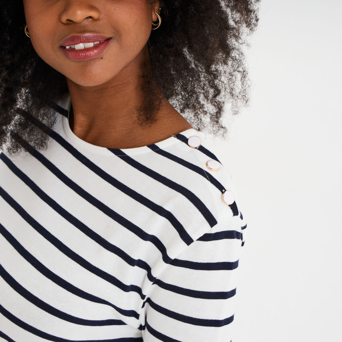 T-shirt manches 3/4 avec boutons coton ecru femme