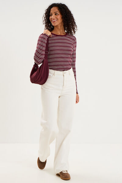 T-shirt ajust&eacute; col rond manches longues bordeaux femme