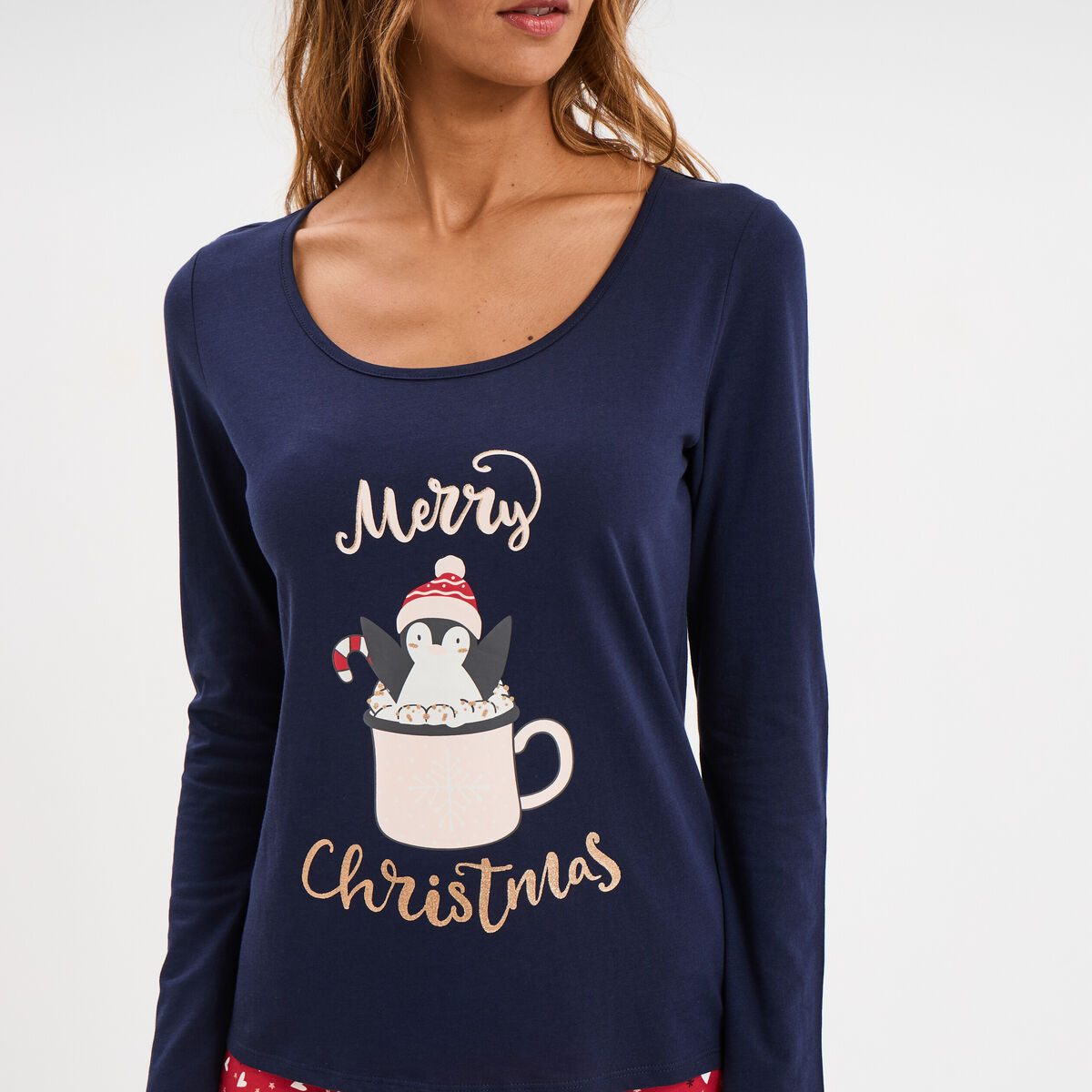 Ensemble pyjama pantalon t-shirt No&euml;l bleu marine femme