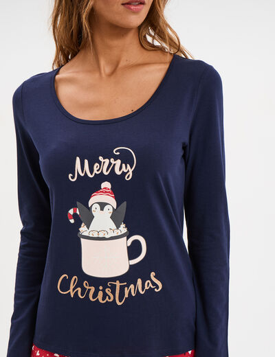 Ensemble pyjama pantalon t-shirt No&euml;l bleu marine femme