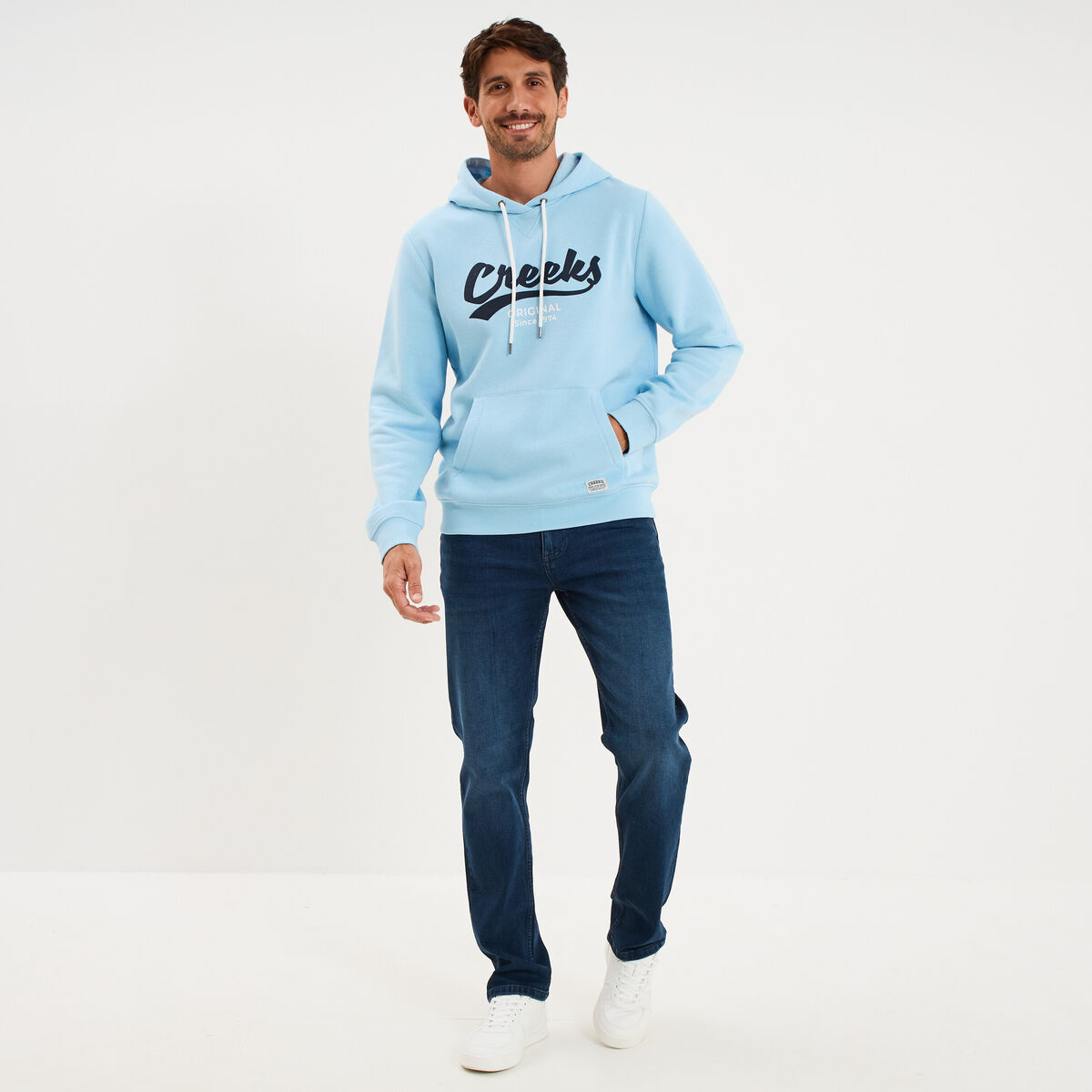 Sweat hoodie 1 poche manches longues bleu clair homme