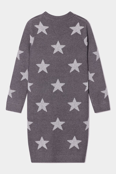 Robe pull tricot droite à col rond gris foncé fille