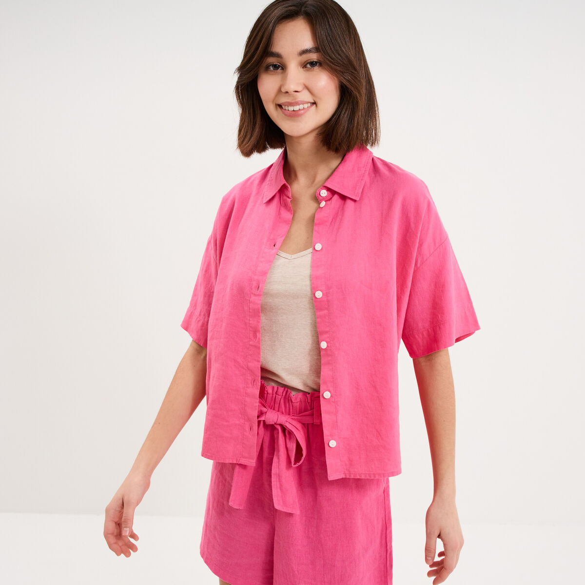 Chemise manches courtes lin m&eacute;lang&eacute; rose fushia femme