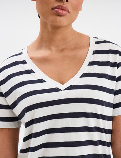 T-shirt col en V manches courtes coton ecru femme