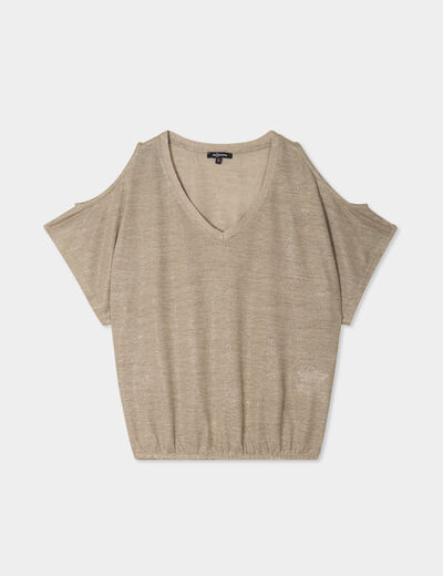 T-shirt épaules ouvertes col en V vert kaki femme