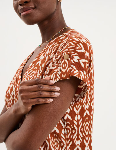 T-shirt col en V et pattes &eacute;paules orange fonc&eacute; femme