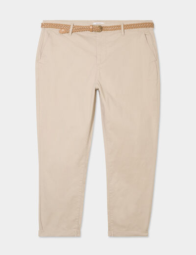 Pantalon chino cigarette ceinturé coton beige femme grande taille
