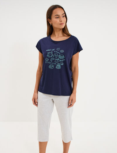Ensemble pyjama corsaire et t-shirt bleu marine femme