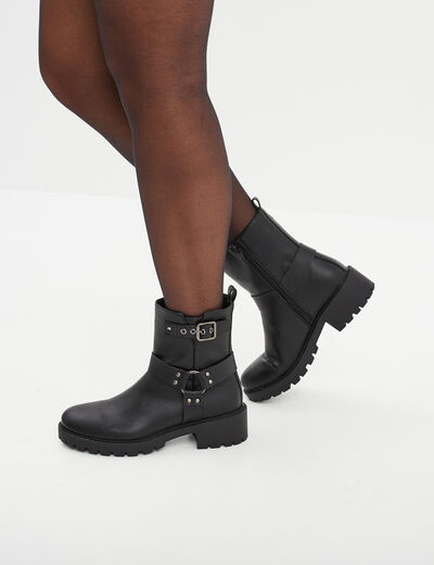 Bottines motardes crantées avec brides noir femme