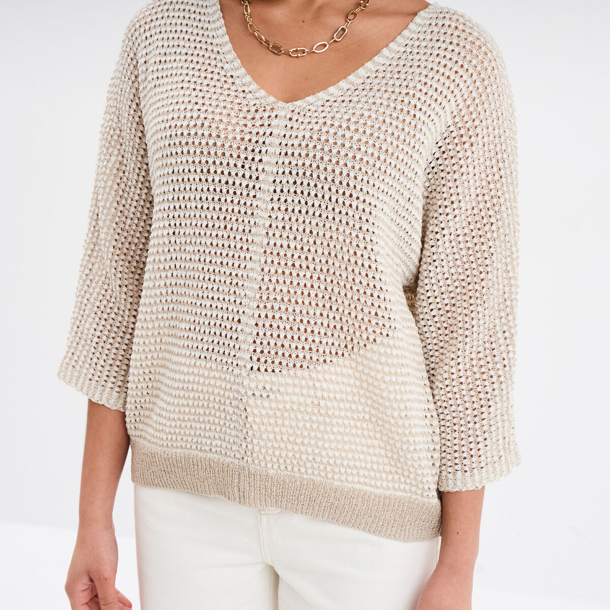 Pull ajouré effet crochet manches 3/4 beige femme