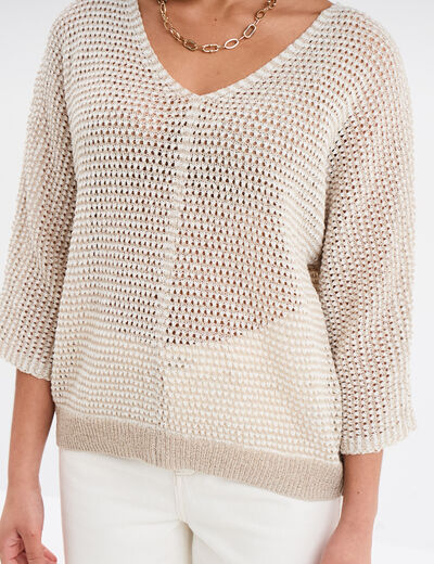 Pull ajouré effet crochet manches 3/4 beige femme