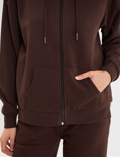 Sweat zipp&eacute; &agrave; capuche marron fonc&eacute; femme