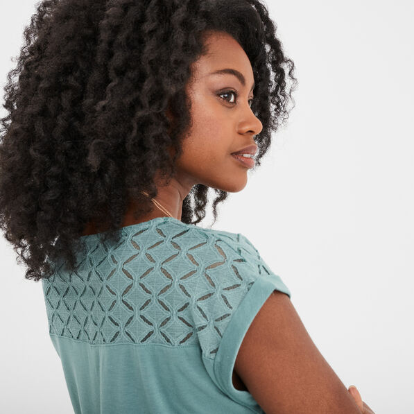 T-shirt col en V dentelle épaules et dos bleu gris femme