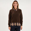 Pull 2-en-1 col chemise manches longues marron fonc&eacute; femme