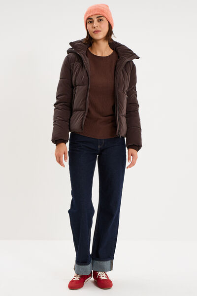 Doudoune courte imperm&eacute;able &agrave; capuche marron fonc&eacute; femme