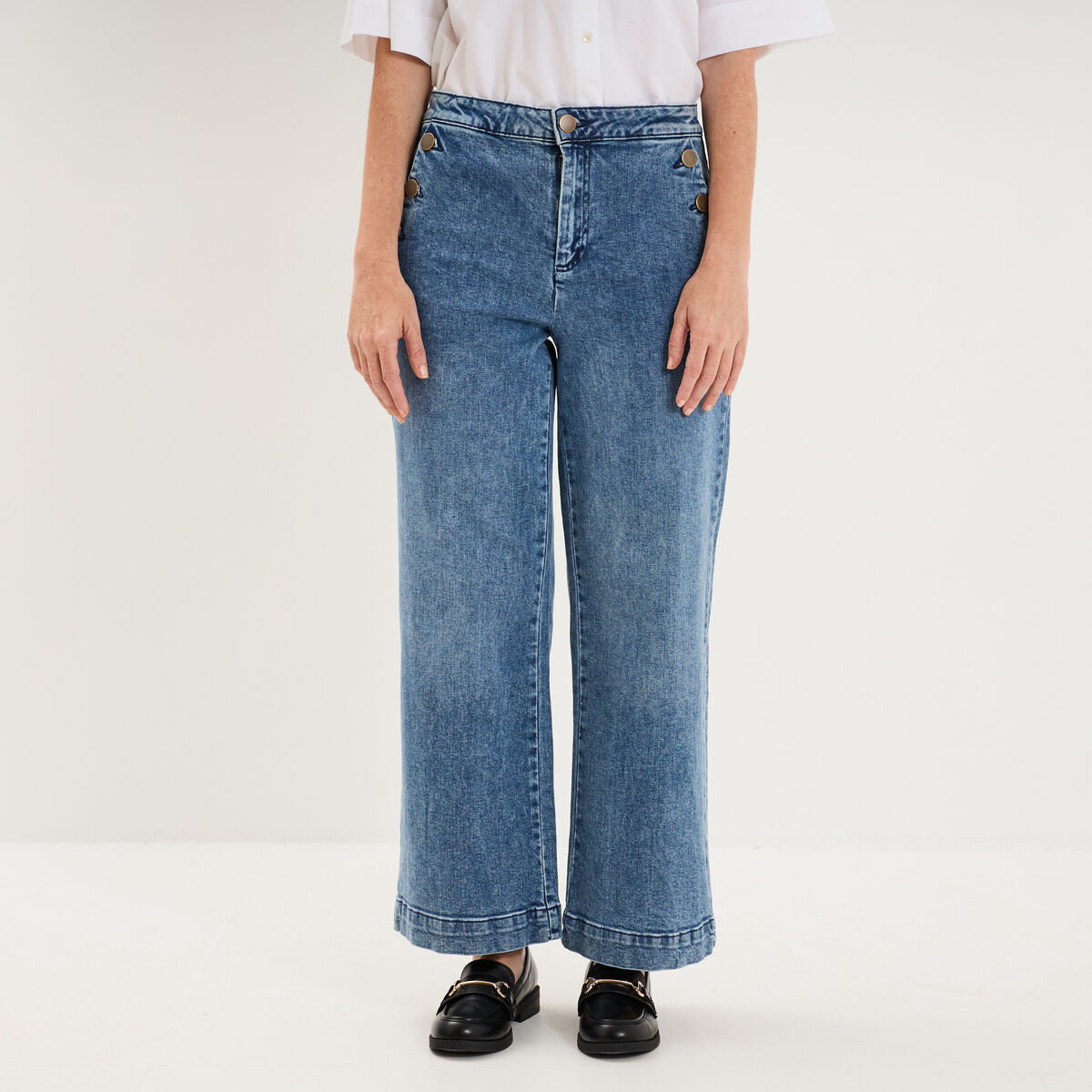 Jean large cropped boutons taille haute denim triple stone femme