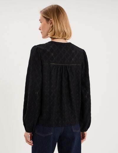 Blouse broderie anglaise col tunisien noir femme
