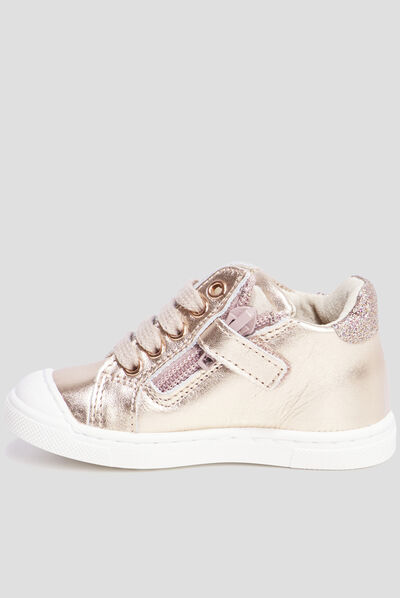 Bottillons métallisés en cuir rose champagne bébé fille