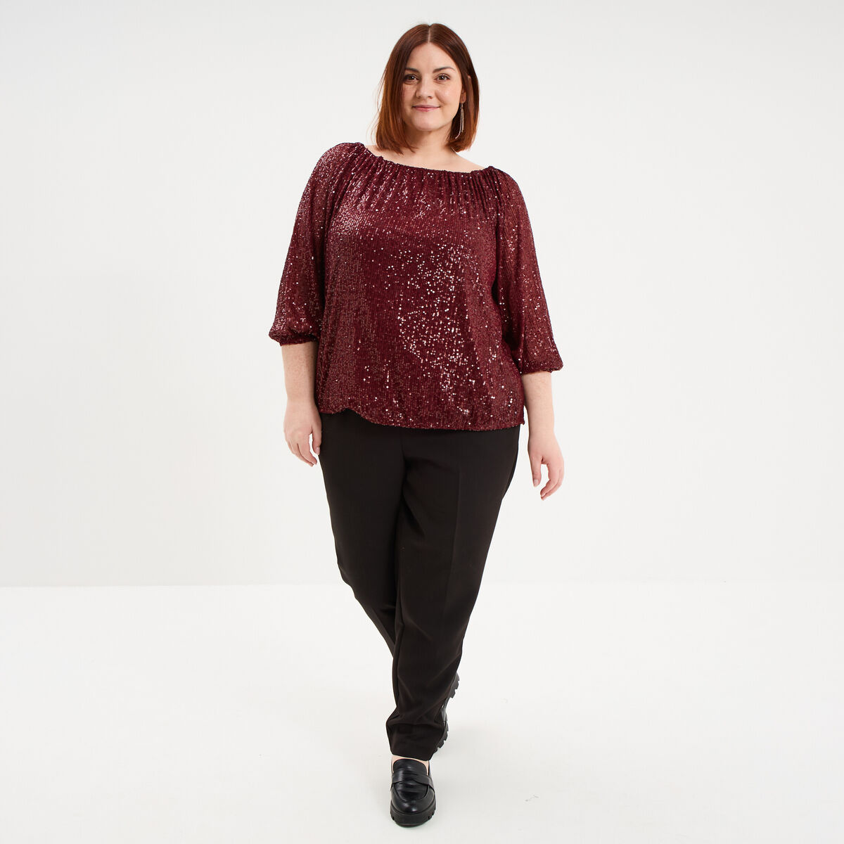 Blouse &agrave; sequins col bardot manches 3/4 rouge fonc&eacute; femme grande taille