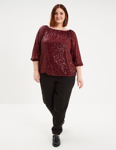 Blouse &agrave; sequins col bardot manches 3/4 rouge fonc&eacute; femme grande taille