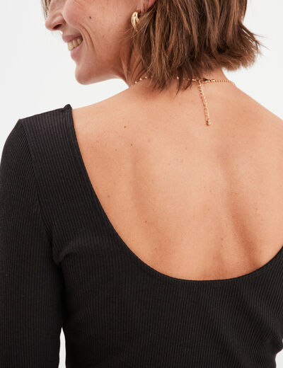 T-shirt côtelé cintré manches longues noir femme