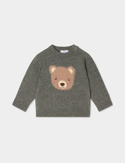 Pull manches longues épaule boutonnée vert kaki bébé garçon
